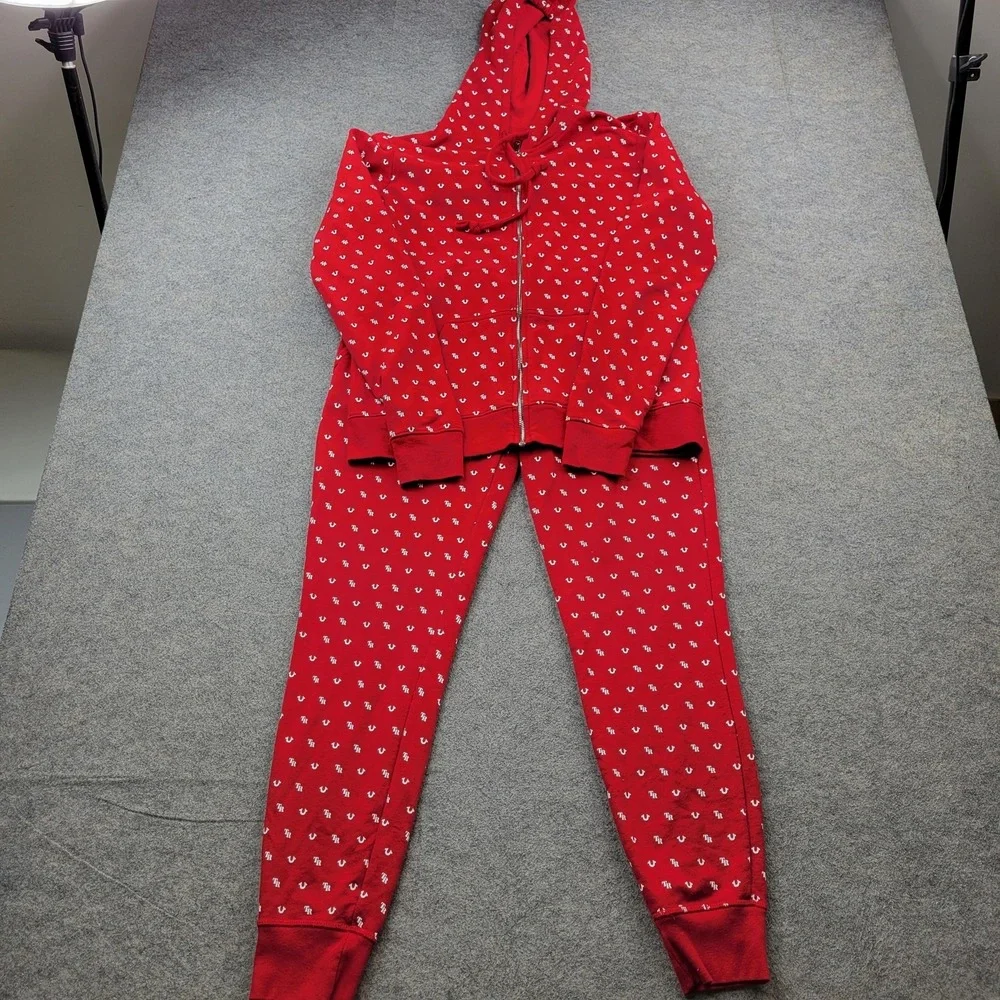 True Religion Tracksuit Mens Medium Red Monogram Zip Hoodie‎ Jogger 2 Piece Set